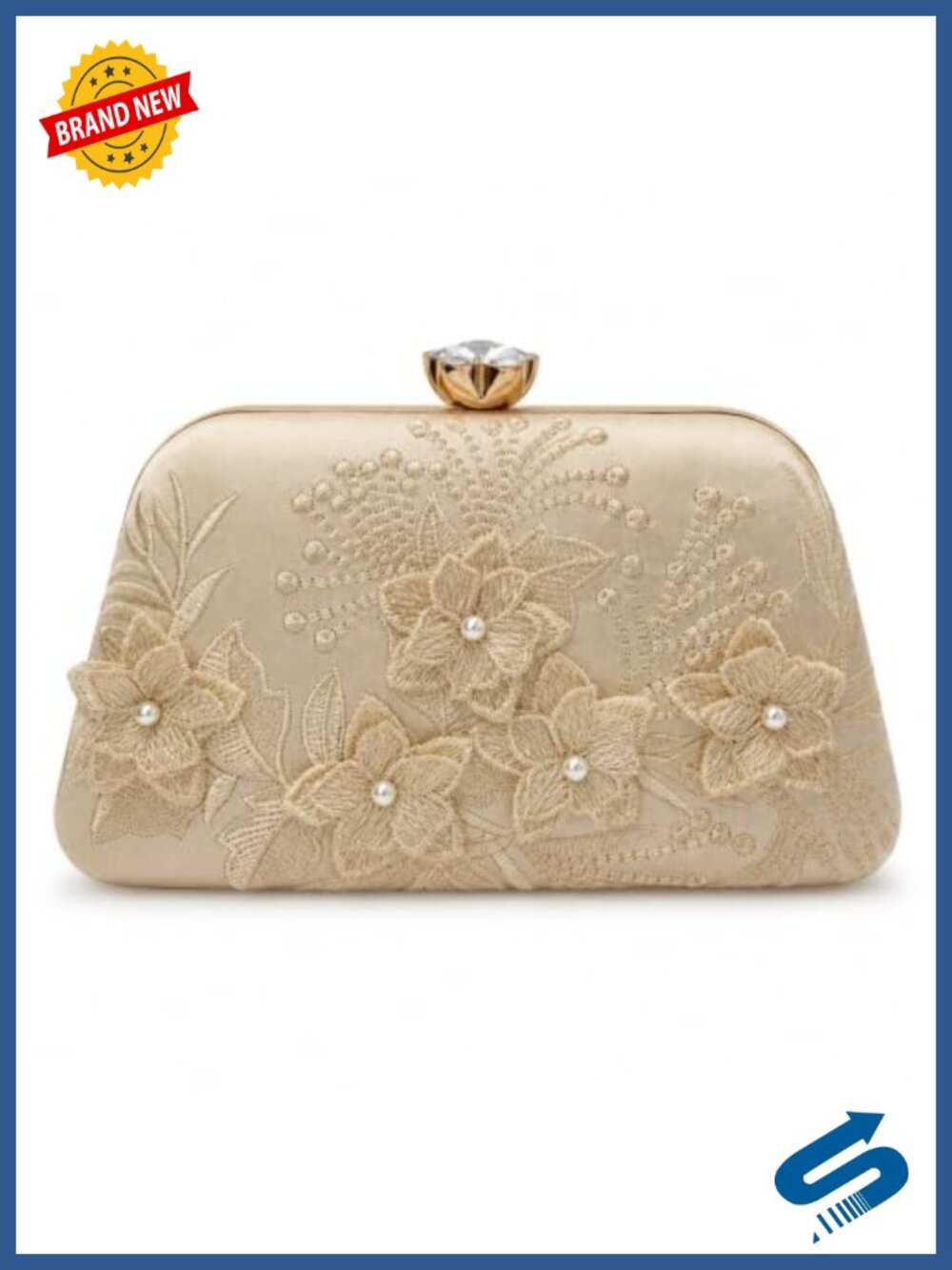 3D Floral Embroidered Pearl Clutch Evening Bag Detachable Chain Strap Wedding
